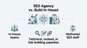 Infographic comparing SEO agency collaboration versus building an in-house team, detailing in-house teams, specialized technical, content, and link-building expertise, and dedicated SEO staff