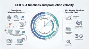 Infographic on SEO SLA timelines and production velocity, detailing phase-based milestone structures (audit, research, strategy, content creation, implementation, review) and why ranking timelines cannot be fixed (competition analysis, unpredictable algorithm updates, content quality evaluation, indexing latency, and searcher intent)