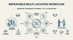 Infographic detailing a repeatable multi-location workflow, comparing internal ownership involving synchronized team members, internal management, and standard repeatable processes connected to a central hub and system against outsourcing to vendors and external providers.