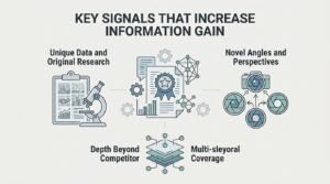 Infographic illustrating key signals that increase information gain, including unique data, original research, novel angles, depth beyond competitors, and multi-layered coverage
