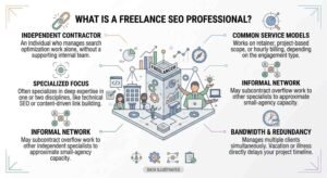 Educational infographic titled 'What Is a Freelance SEO Professional?' centered on an isometric 'Freelancer' office platform with an individual consultant operating multiple workstation tools, detailing operational characteristics including independent contractor status, specialized domain focus, informal subcontractor networks, service billing models, and bandwidth and redundancy constraints