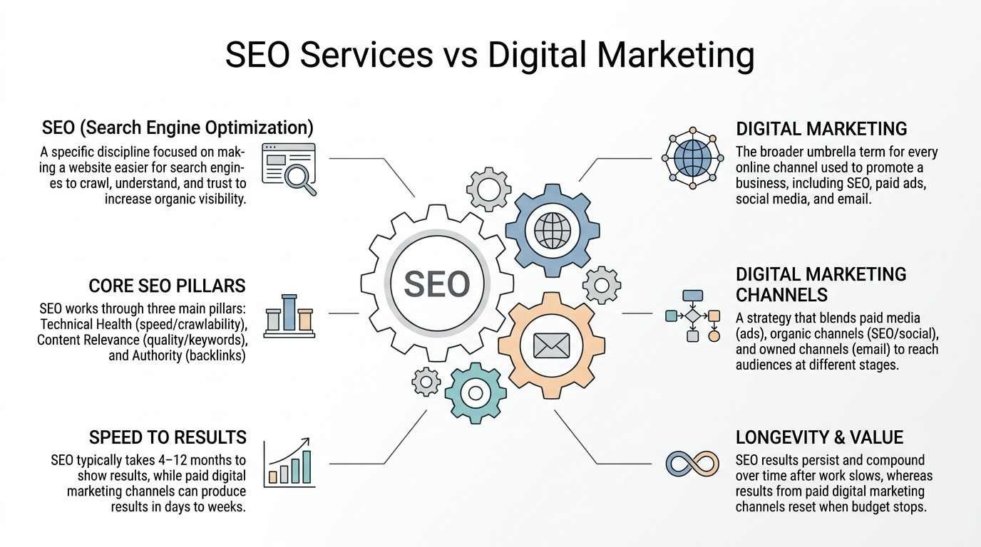 Infographic comparing SEO Services versus Digital Marketing centered on an interlocking gear mechanism with a central SEO cog driving broader digital marketing channels, detailing core definitions, pillars, speed to results, and long-term compounding value across six sections