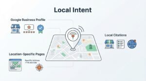 B2B technical educational infographic titled 'Local Intent' detailing three local search optimization pillars-Google Business Profile, Location-Specific Pages, and Local Citations-organized around a central digital navigation map featuring a prominent radiating geo-pin marker
