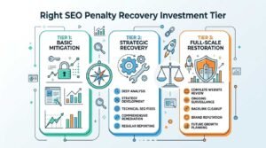 Infographic titled 'Right SEO Penalty Recovery Investment Tier' illustrating Tier 1 Basic Mitigation on the left, Tier 2 Strategic Recovery in the middle—covering deep analysis, strategy development, technical SEO fixes, comprehensive remediation, and regular reporting—and Tier 3 Full-Scale Restoration on the right—covering complete website reviews, ongoing surveillance, backlink cleanup, brand reputation, and future growth planning.