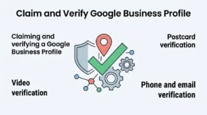 Infographic titled 'Claim and Verify Google Business Profile' illustrating the profile claiming process alongside three core verification methods: postcard verification, phone and email verification, and video verification surrounding a central shield and checkmark icon.
