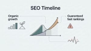 Infographic illustrating an SEO timeline comparing organic growth with guaranteed fast rankings and risk warnings