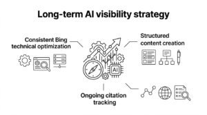 Infographic on long-term AI visibility strategy, detailing consistent Bing technical optimization, structured content creation, and ongoing citation tracking.