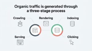 B2B technical educational infographic titled 'Organic traffic is generated through a three-stage process' illustrating search engine retrieval and user acquisition stages-Crawling, Rendering, Indexing, Serving, and Clicking—flanking two central circular progress dial gauges