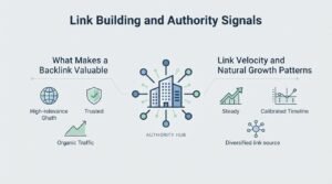 Infographic on link building and authority signals, detailing what makes a backlink valuable such as high-relevance ghath, trusted status, and organic traffic, as well as link velocity and natural growth patterns including steady progress, calibrated timelines, and diversified link sources.