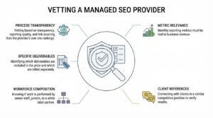 Educational infographic titled 'Vetting a Managed SEO Provider' centered on a security shield and checklist examined under a magnifying glass, breaking down five vendor evaluation criteria: process transparency, specific deliverables, workforce composition, metric relevance, and client references