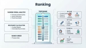 B2B technical educational infographic titled 'Ranking' mapping out Ranking Signal Analysis, Relevance Calculation, and Search Order data processing against On-Page, Off-Page, Technical, and UX signals around a central 'TOP RANK' server meter dial