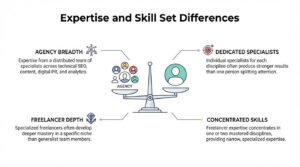 Educational comparison infographic titled 'Expertise and Skill Set Differences' centered on a balance scale weighing an agency team of five specialists against a single freelance consultant, contrasting multi-disciplinary agency breadth and dedicated specialists against freelancer niche depth and concentrated skills