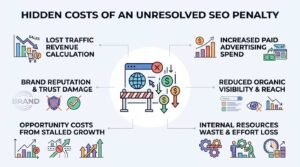 Infographic titled 'Hidden Costs of an Unresolved SEO Penalty' illustrating lost traffic revenue calculation on the top left, increased paid advertising spend on the top right, brand reputation and trust damage on the middle left, reduced organic visibility and reach on the middle right, opportunity costs from stalled growth on the bottom left, and internal resources waste and effort loss on the bottom right, surrounding a central barred browser interface and falling revenue icons.