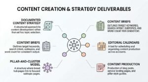 Educational SEO deliverable infographic titled 'Content Creation & Strategy Deliverables' centered on a hub-and-spoke diagram with multi-colored circular nodes, outlining six core content workflows: documented content strategy, content briefs, pillar-and-cluster model, editorial calendars, content production, and brief-driven output consistency