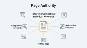 B2B technical educational infographic titled 'Page Authority' highlighting 'Targeting Competitive Individual Keywords' with a central document surrounded by search, backlink, and code elements