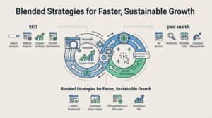 B2B corporate infographic titled 'Blended Strategies for Faster, Sustainable Growth' detailing an integrated flywheel connecting SEO and paid search around shared data, budgeting, and performance execution