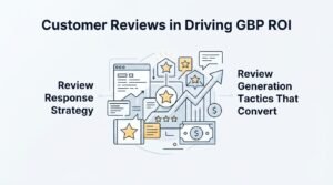 Infographic titled 'Customer Reviews in Driving GBP ROI' illustrating a review response strategy on the left and review generation tactics that convert on the right, surrounding central star ratings, growth charts, and currency icons.