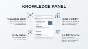 Primary Alt Text B2B educational infographic titled 'KNOWLEDGE PANEL' detailing four entity optimization pillars—Knowledge Graph, Entity Signals, Panel Eligibility, and Digital Footprint—around a central desktop search results wireframe displaying a branded Knowledge Panel card