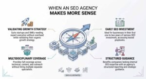Educational decision infographic titled 'When an SEO Agency Makes More Sense' centered on an isometric navigational compass pointing northeast atop connected server nodes, outlining four business scenarios for choosing an agency: validating growth strategy, multidisciplinary coverage, early SEO investment, and structured guidance