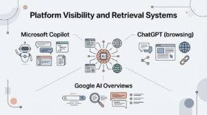 Infographic on platform visibility and retrieval systems, detailing Microsoft Copilot, ChatGPT browsing, and Google AI Overviews.