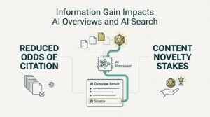Infographic on how information gain impacts AI Overviews and AI search, contrasting reduced odds of citation with content novelty stakes