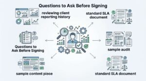 Infographic titled Questions to Ask Before Signing outlining provider vetting steps: reviewing reporting history, evaluating standard SLA documents, requesting sample audits, and inspecting sample content pieces.