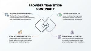 Educational risk-management infographic titled 'Provider Transition Continuity' centered on two interlocking square links bisected by a diagonal trajectory line, detailing four procedural safeguards for switching SEO vendors: documentation handoff, transition overlap, tool access verification, and knowledge retention
