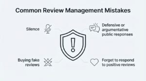 Infographic on common review management mistakes, detailing silence, defensive or argumentative public responses, forgetting to respond to positive reviews, and buying fake reviews.