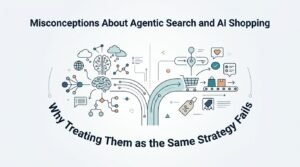Infographic on misconceptions about agentic search and AI shopping, detailing why treating them as the same strategy fails.