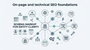B2B technical educational infographic titled 'On-page and technical SEO foundations' highlighting schema markup for entity clarity, featuring structured data types for persons, places, and products connected to a central web crawler node network