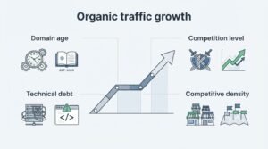 B2B corporate infographic titled 'Organic traffic growth' mapping out four key ranking variables—Domain age, Technical debt, Competition level, and Competitive density—along an ascending multi-stage growth trajectory curve