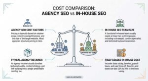 Financial comparison infographic titled 'Cost Comparison: Agency SEO vs In-House SEO' centered on a mechanical balance scale weighing an outsourced SEO agency on the left against a multi-person in-house team on the right, contrasting bundled agency retainers and tiered pricing against in-house headcount and fully loaded compensation costs
