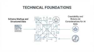 Infographic on technical foundations, detailing schema markup and structured data, and crawlability and robots.txt considerations for AI bots.
