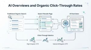 B2B educational technical infographic titled 'AI Overviews and Organic Click-Through Rates' contrasting Traditional Organic Search results with generative AI Overviews on a central Search Results Page, mapping the transition from High Organic CTR to Varied AI/Organic CTR metrics