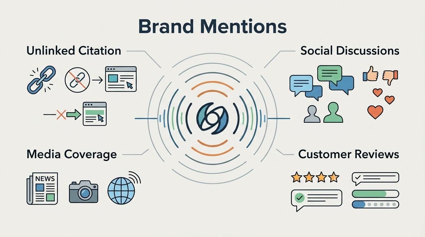 Infographic on brand mentions, detailing unlinked citation, social discussions, media coverage, and customer reviews.