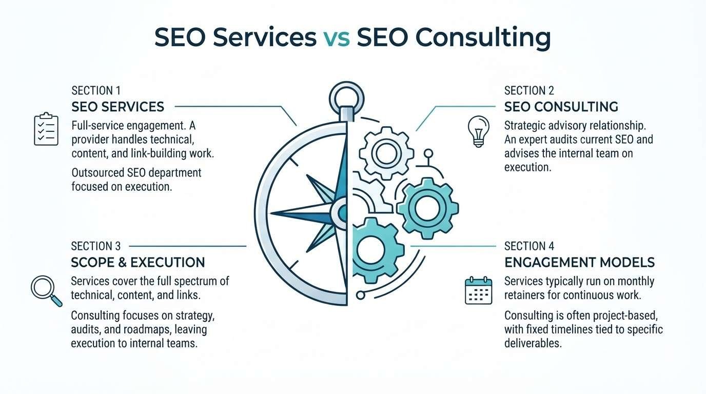 Infographic comparing SEO Services versus SEO Consulting, centered around an icon split between a navigational compass and interlocking mechanical gears, outlining key differences across four numbered sections: core definitions, advisory roles, execution scopes, and retainer versus project-based engagement models