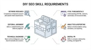 Educational infographic titled 'DIY SEO Skill Requirements' centered on an isometric technical toolbox illustration, outlining six essential competencies required for in-house search optimization: keyword research, editorial judgment, technical diagnosis, HTML fundamentals, analytics and reporting, and digital PR