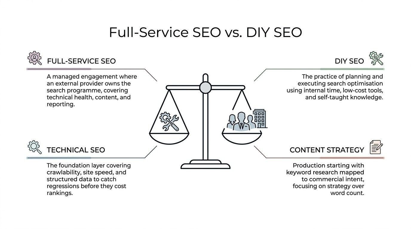 Educational infographic titled 'Full-Service SEO vs. DIY SEO' centered on a balance scale weighing technical tools and gears on the left against an in-house team and office building on the right, defining both models alongside core considerations for technical SEO and content strategy