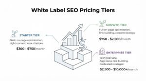 Educational pricing infographic titled 'White Label SEO Pricing Tiers' centered on an ascending stepped platform featuring a growth bar chart and a currency dollar sign, breaking down three monthly retainer levels: Starter Tier ($300 - $750/month), Growth Tier ($750 - $2,500/month), and Enterprise Tier ($2,500 - $10,000+/month)