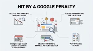 Infographic titled 'Hit by a Google Penalty' illustrating traffic and ranking drop patterns on the top left, cross-referencing the drop date on the top right, using Google Search Console on the bottom left, and performance reports on the bottom right, surrounding a central search console manual actions section and warning icons.