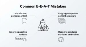 Infographic on common E-E-A-T mistakes, detailing unattributed generic content, copying competitor content structure, ignoring negative reviews, and updating outdated statistics and claims.