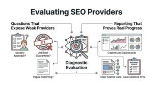 Infographic on evaluating SEO providers, detailing questions that expose weak providers (generic approaches, artificial guarantees, and vague reporting) versus reporting that proves real progress (customized dashboards, clear source data, and goal-oriented KPIs)