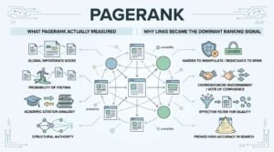 Infographic on PageRank, detailing what PageRank actually measured (global importance score, probability of visiting, academic citation analogy, and structural authority) and why links became the dominant ranking signal (resistance to spam, crowdsourced endorsements, effective quality filtering, and high search accuracy)
