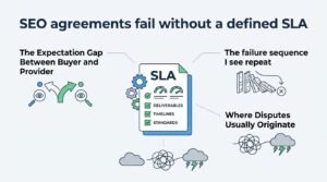 Infographic illustrating why SEO agreements fail without a defined SLA, detailing the expectation gap between buyer and provider, the repeating failure sequence, and where disputes usually originate
