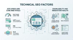 Infographic titled 'Technical SEO Factors' illustrating site speed and Core Web Vitals on the left-covering fast page load times, Largest Contentful Paint (LCP), First Input Delay (FID), and Cumulative Layout Shift (CLS)-and crawlability and indexation health on the right—covering crawl rules, robots.txt, XML sitemaps, optimized crawl budgets, and monitored indexation—surrounding a central gear and website architecture icon.