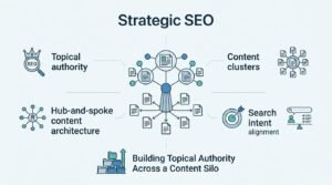 Infographic on strategic SEO, detailing topical authority, content clusters, hub-and-spoke content architecture, search intent alignment, and building topical authority across a content silo