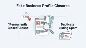 Infographic titled 'Fake Business Profile Closures' illustrating 'Permanently Closed' abuse with a closed sign icon and duplicate listing spam with stacked profile cards next to a central dashboard under a security shield. 