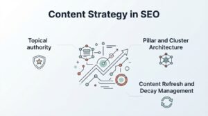 Educational B2B procurement infographic titled 'Content Strategy in SEO' centered on an upward-trending growth trajectory arrow surrounded by circuit paths, data cards, and a segmented circle, outlining three core strategic pillars: Topical Authority, Pillar and Cluster Architecture, and Content Refresh and Decay Management