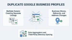Infographic titled 'Duplicate Google Business Profiles' illustrating three main causes: multiple owners creating separate listings, business moves, rebrands, and address changes, and data aggregators and third-party directory syncing.