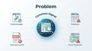 B2B technical SEO diagnostic infographic titled 'Problem' highlighting 'Common Signal' issues surrounding a central website audit magnifying glass, detailing Orphaned page, Duplicate content, Robots.txt disallow rules, and Server Response errors
